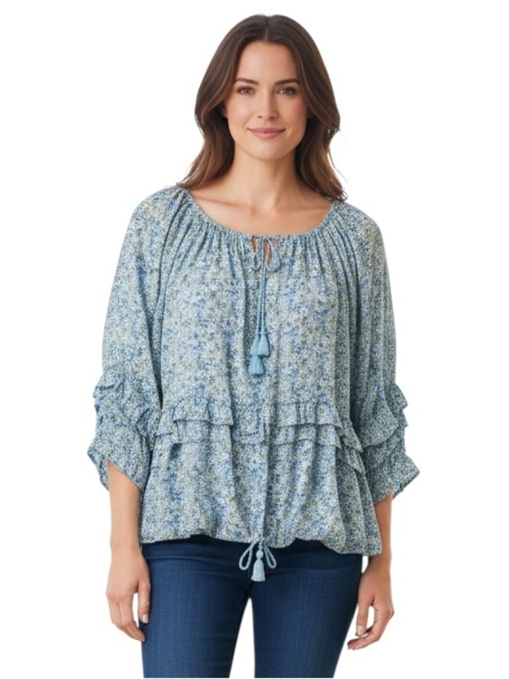Denim & Supply Ralph Lauren XL Boho Blouse Blue Floral Tiered Ruffle Tie Neck